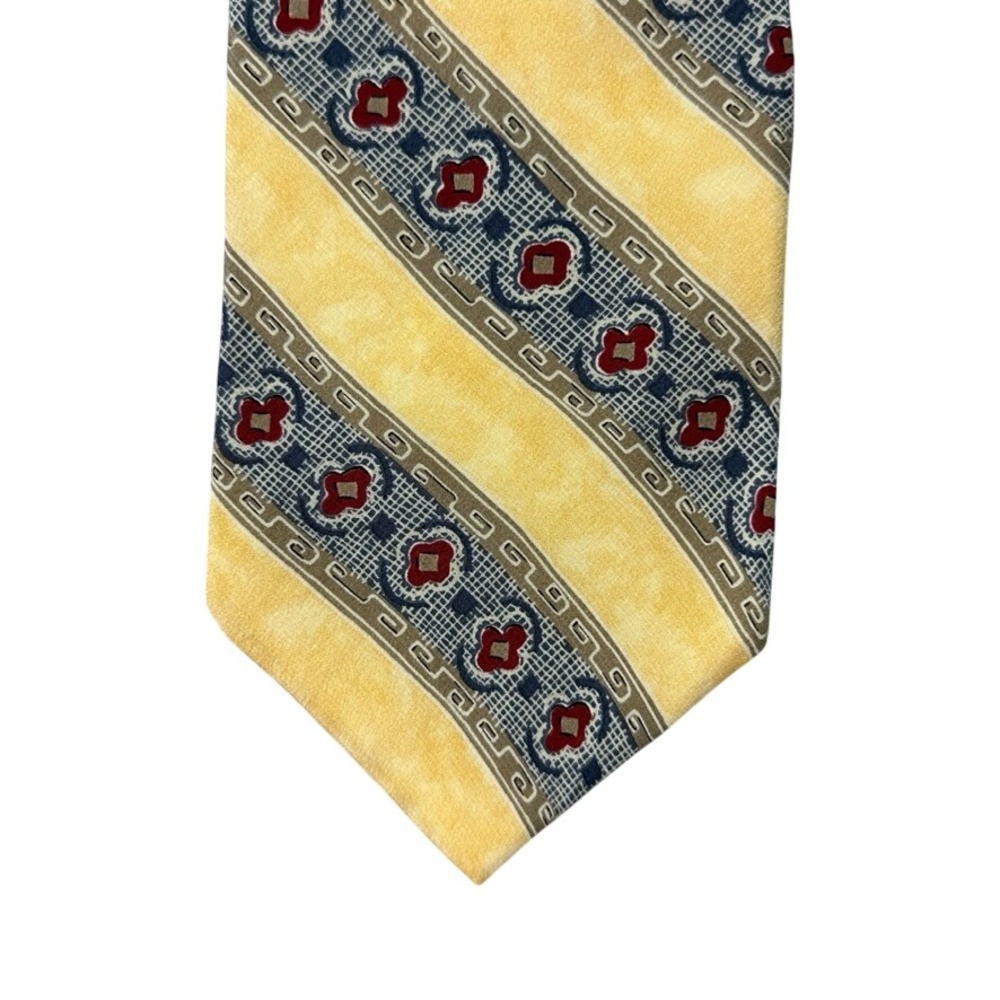 Chaps Ralph Lauren Mens Silk Tie Yellow Navy Blue Geometric Floral Stripe USA